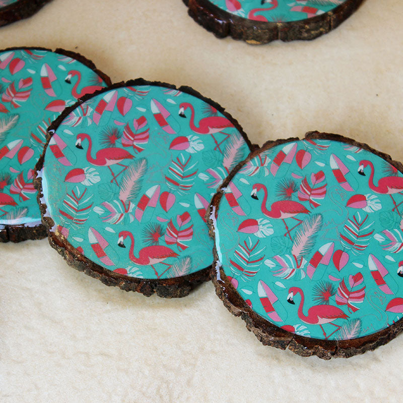 Coral Flamingo Mangowood Coaster Set (Set of 4)