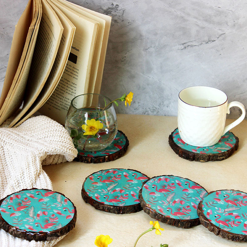 Coral Flamingo Mangowood Coaster Set (Set of 4)